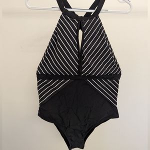 Black  & White Stripe Criss-cross Back One-Piece Swimsuit